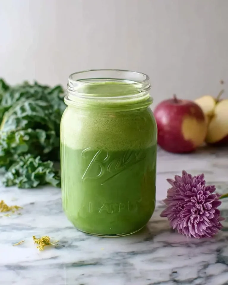 A vibrant green Dandelion & Apple Smoothie in a Ball mason jar, surrounded by fresh kale, red apples, and delicate flowers.