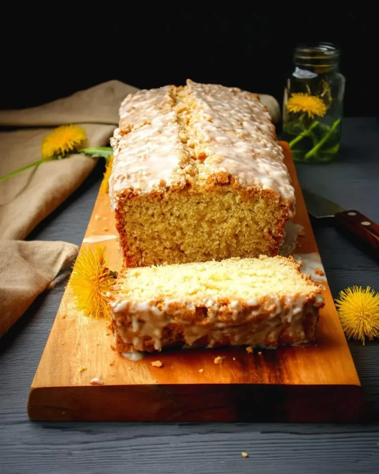A golden, glazed loaf of dandelion bread on a wooden cutting board with a slice cut, surrounded by fresh dandelions.