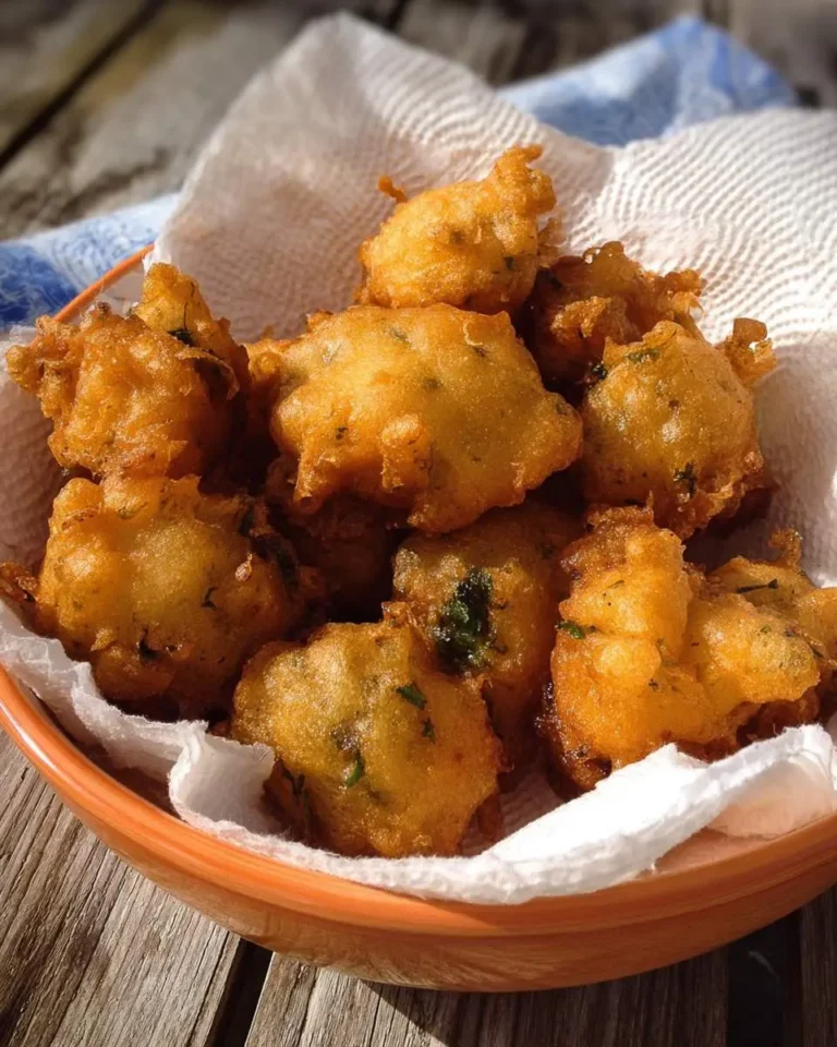 A close-up of a bowl filled with golden-brown, crispy Dandelion Fritters, resting on paper towels on a wooden surface.