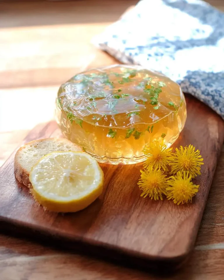 A vibrant Dandelion Jelly with Lemon, garnished with parsley, sits on a wooden board with bread and fresh dandelions.