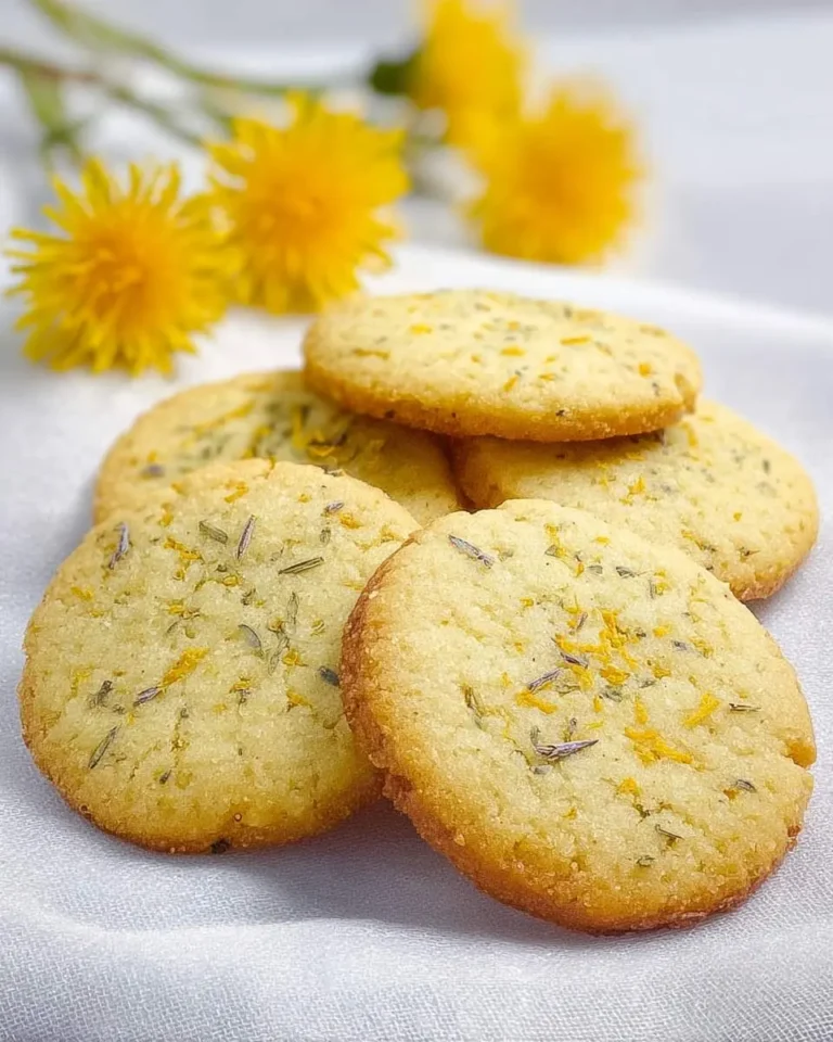 A delightful stack of golden Dandelion Shortbread Cookies, garnished with orange zest and herbs, on a white cloth with blurred dandelions.