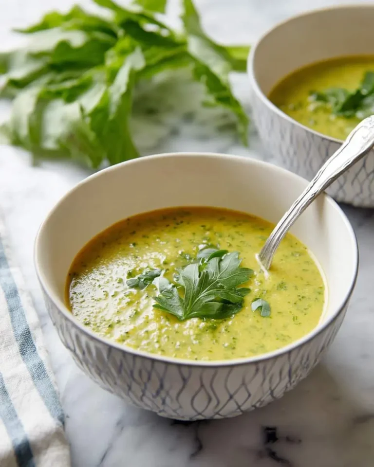 Two bowls of vibrant green Dandelion Soup, garnished with fresh parsley, sitting on a marble counter with fresh dandelion greens in the background.