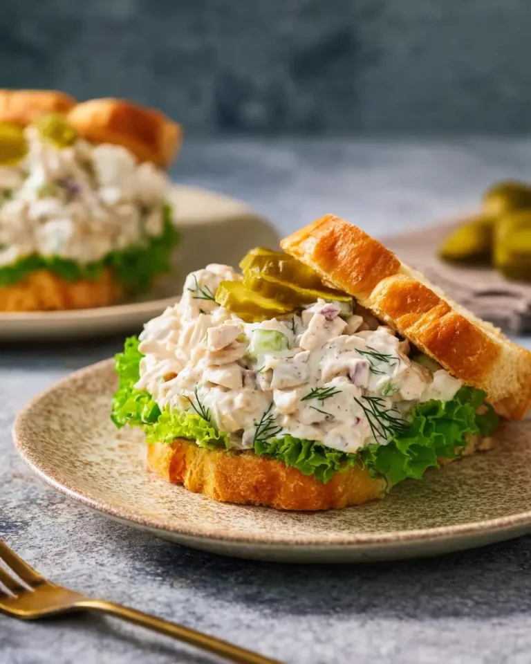 A close-up of a delightful open-faced dill pickle chicken salad sandwich, topped with lettuce, fresh dill, and pickle slices on toasted bread.