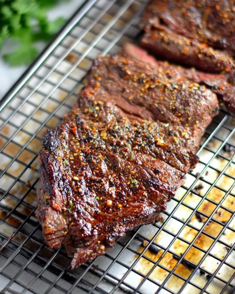 A perfectly cooked Dutch Oven Skirt Steak, richly seasoned with herbs and spices, resting on a wire cooling rack.
