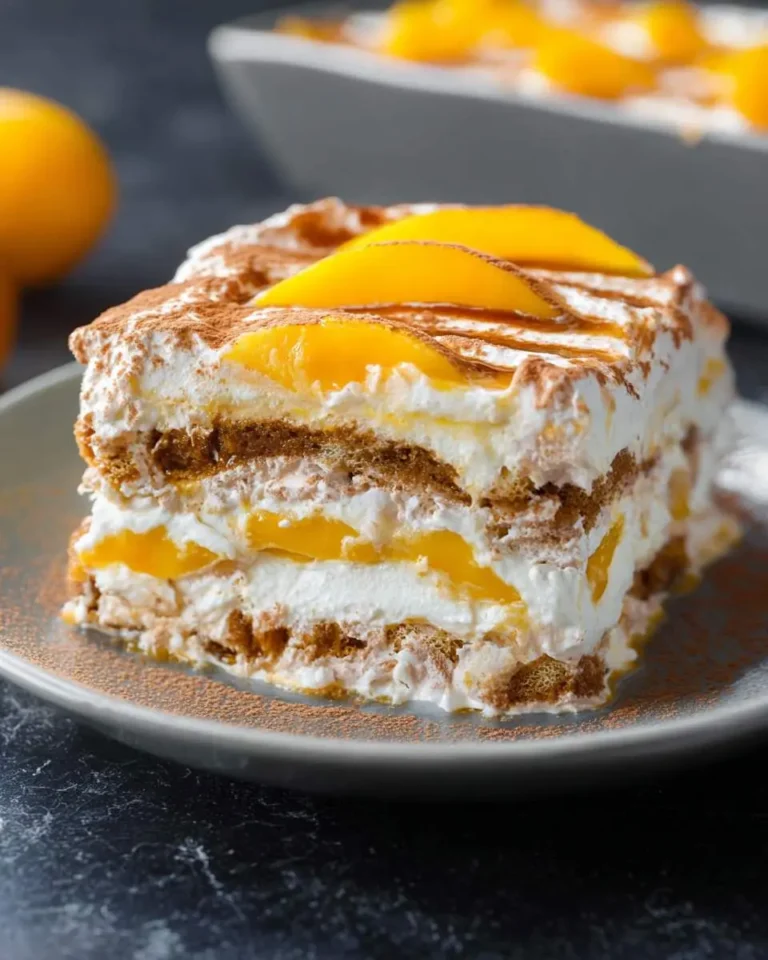 A delectable slice of Filipino Mango Float on a grey plate, showcasing layers of cream, graham crackers, and fresh mango slices, dusted with cocoa.