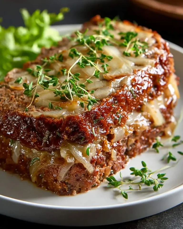 A close-up of a delectable slice of French Onion Meatloaf, beautifully layered with caramelized onions and a rich, glossy glaze, garnished with fresh thyme on a white plate.