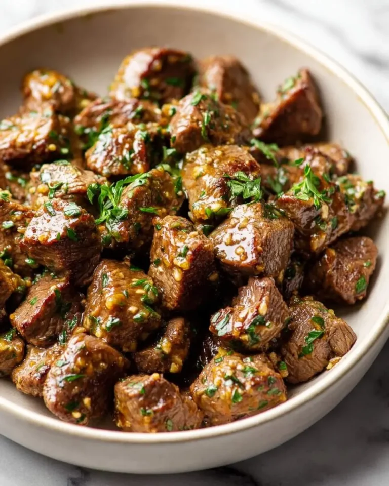 A close-up of tender, glistening Garlic Butter Steak Bites sprinkled with fresh parsley in a rustic bowl.