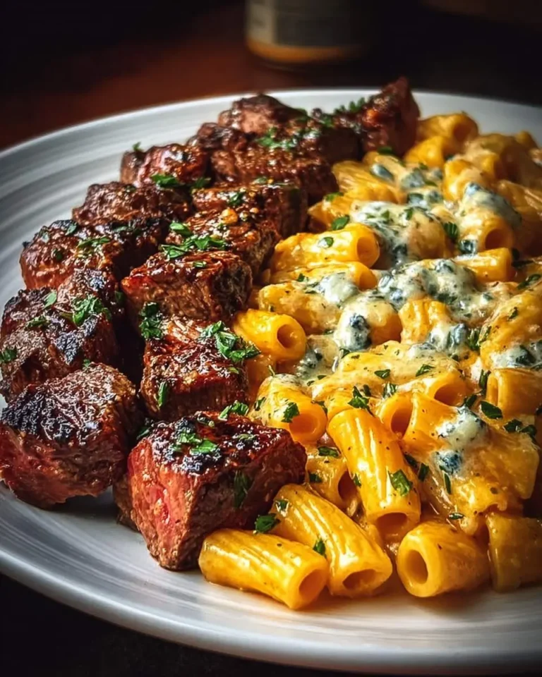 A close-up of a plate featuring delicious Garlic Butter Steak Bites with Cheesy Mozzarella Rigatoni, garnished with fresh parsley.