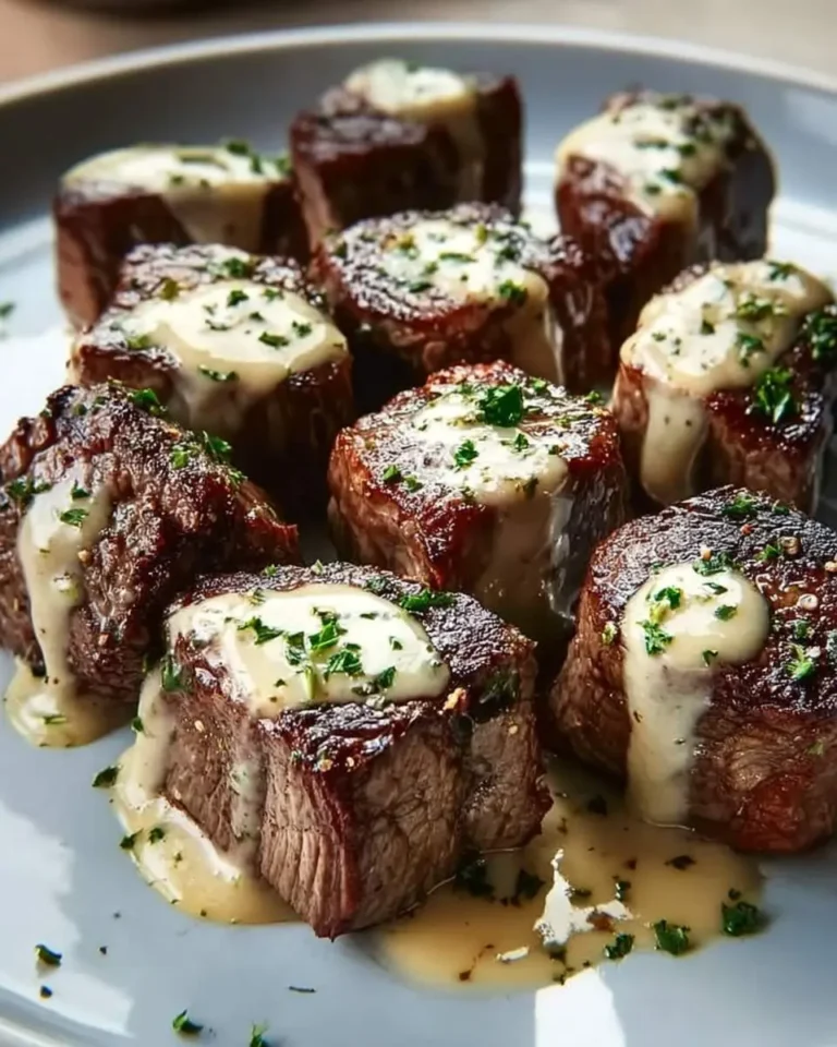 A close-up of a platter showcasing perfectly seared Garlic Butter Steak Bites with Creamy Parmesan Sauce, garnished with fresh parsley.