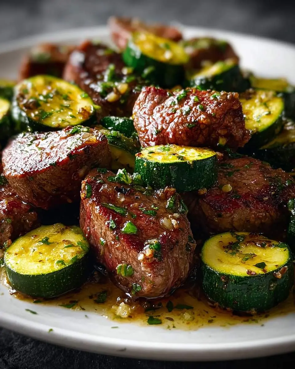 A close-up of delicious Garlic Butter Steak & Zucchini served on a white plate, garnished with fresh herbs and glistening sauce.