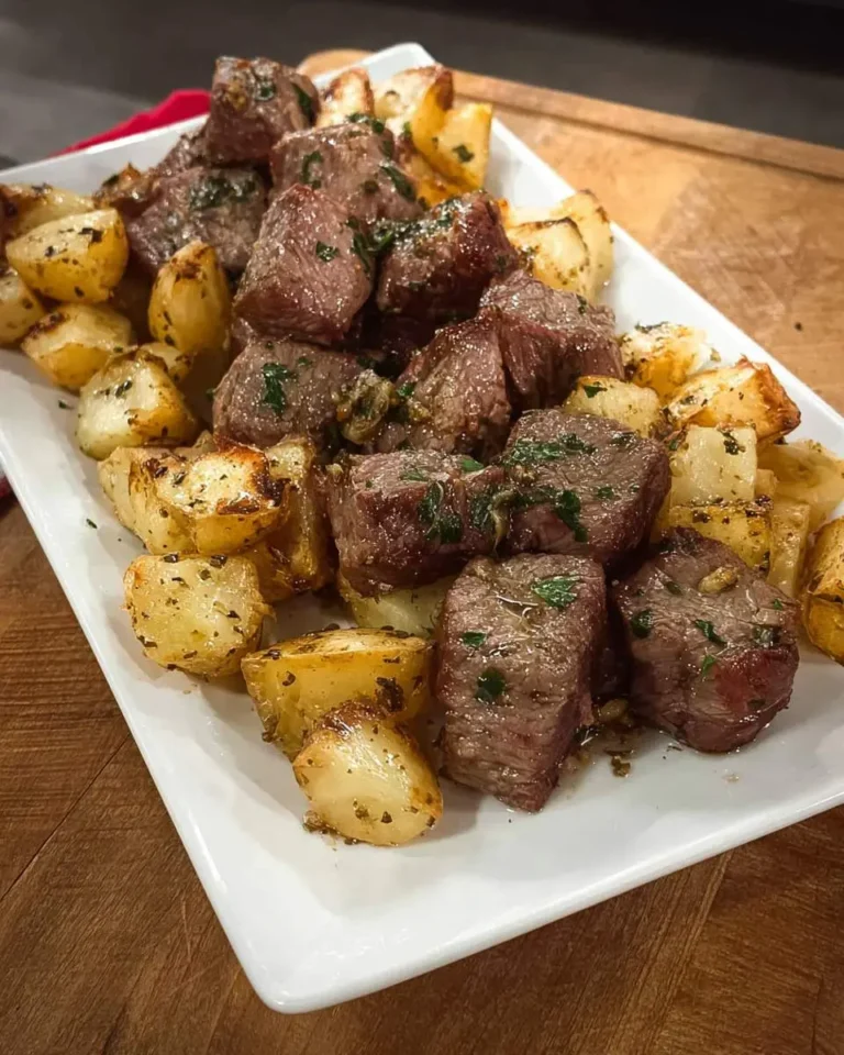 A close-up shot of a white rectangular platter filled with delicious Garlic Steak Bites and Potatoes, garnished with fresh herbs.