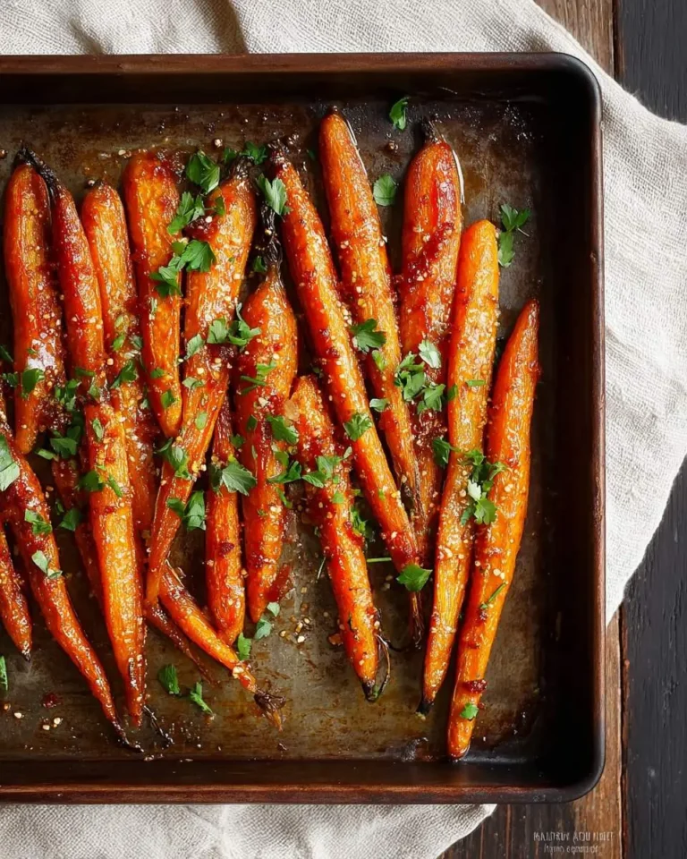 A close-up view of a pan filled with glistening Glazed Roasted Carrots, garnished with fresh parsley and chili flakes.