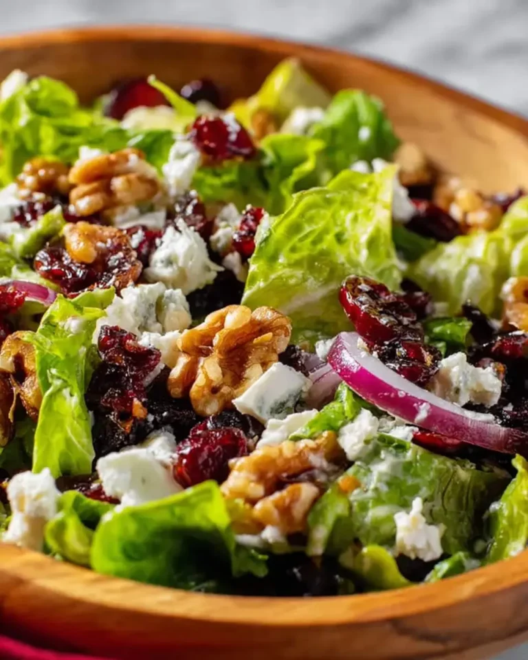 Close-up of a fresh Goat Cheese Cranberry Walnut Salad in a wooden bowl, featuring lettuce, dried cranberries, walnuts, and crumbled goat cheese.