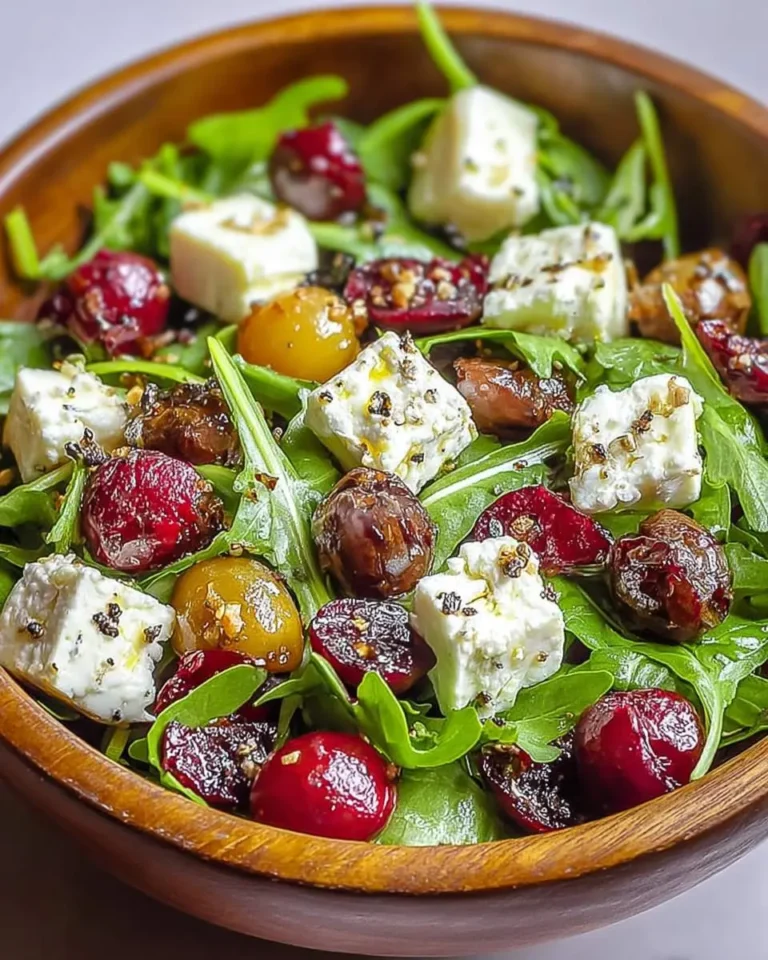 A vibrant goat cheese salad in a wooden bowl, featuring arugula, cubed goat cheese, red cherries, dates, and yellow olives.
