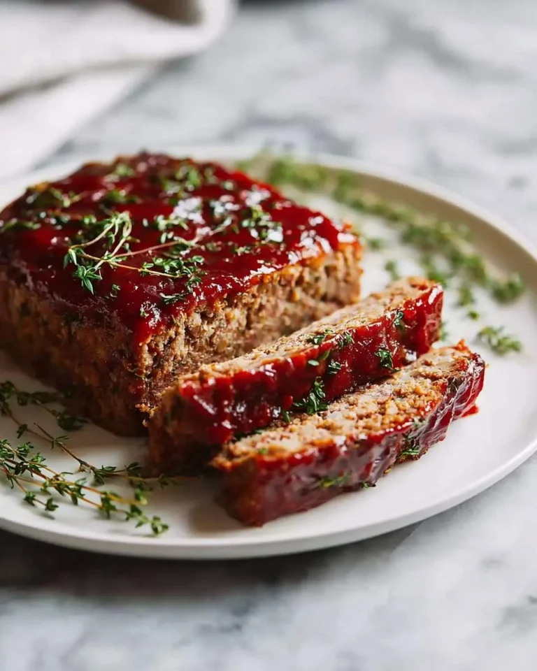 A delicious Gordon Ramsay Meatloaf, glazed with a sweet and tangy red sauce and garnished with fresh thyme, sliced on a white plate.