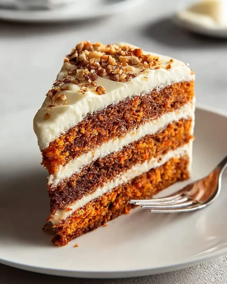 A delicious slice of multi-layered carrot cake with white cream cheese frosting and chopped nuts, reminiscent of Gordon Ramsays Carrot Cake.