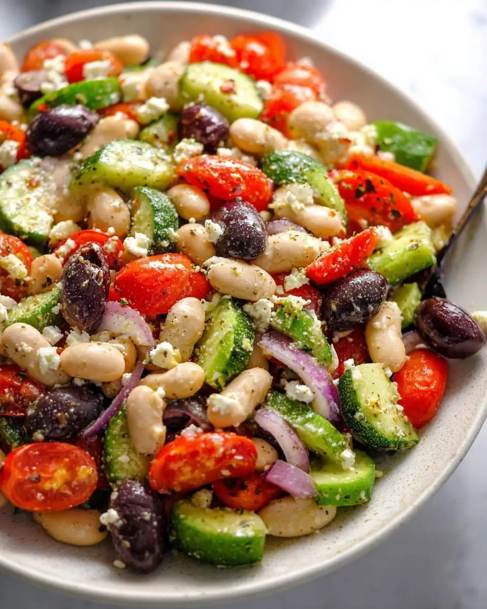 A close-up of a vibrant Greek Bean Salad in a white bowl, featuring white beans, cucumbers, tomatoes, olives, and feta.