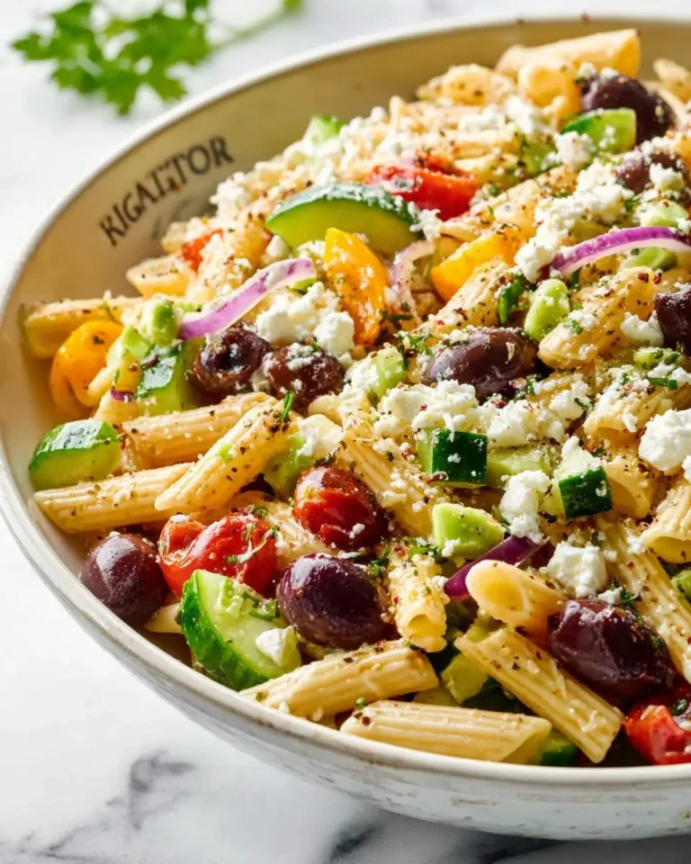 A vibrant bowl of homemade Greek Pasta Salad featuring penne pasta, cucumbers, cherry tomatoes, Kalamata olives, red onion, and crumbled feta cheese.