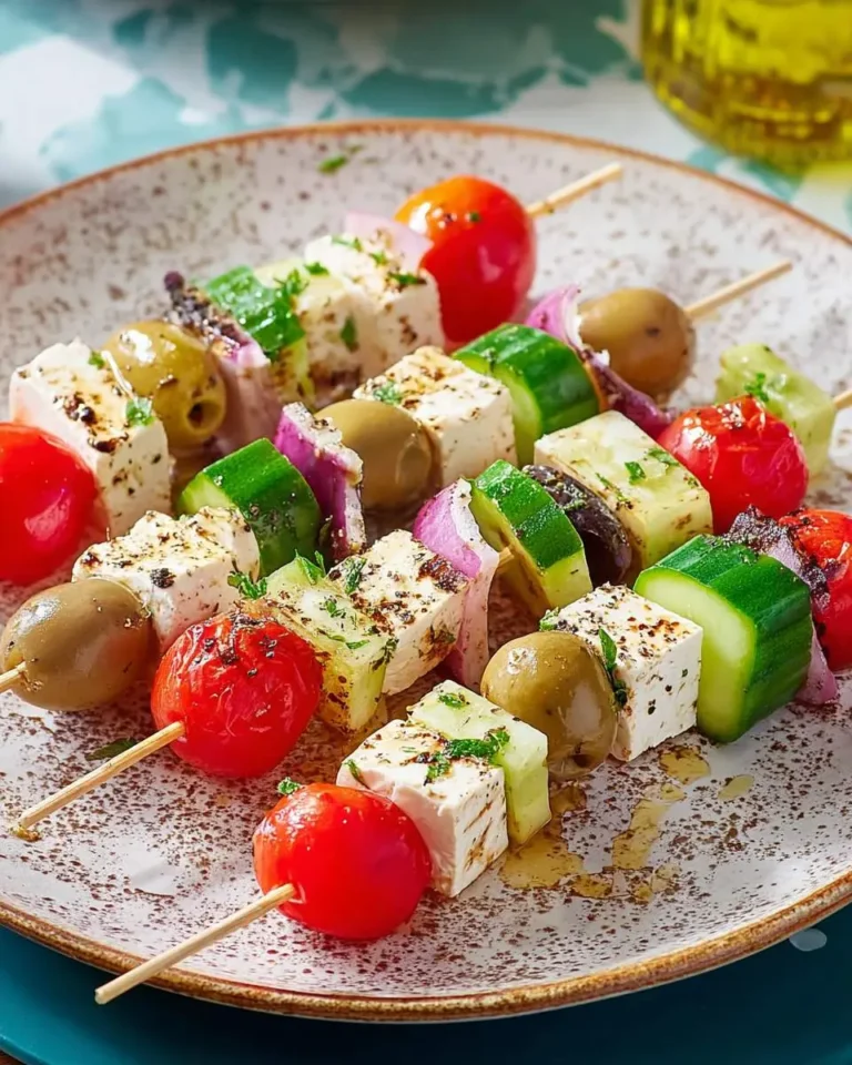 Close-up of fresh Greek Salad Skewers featuring feta, cherry tomatoes, cucumber, green olives, and red onion on a speckled plate.