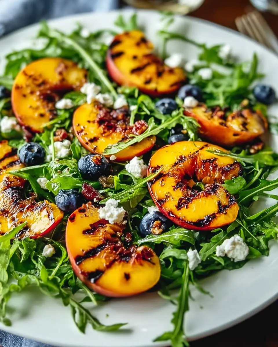 A vibrant grilled peaches salad on a white plate, featuring charred peach halves, fresh arugula, blueberries, and crumbled white cheese.