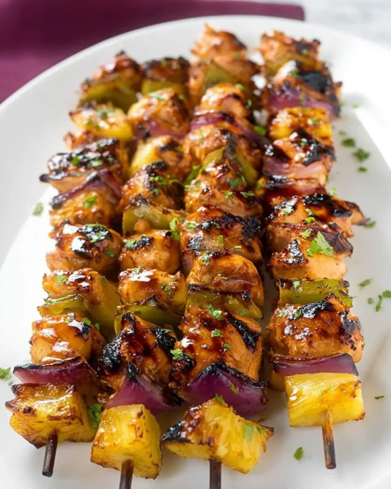 Close-up of several delicious Grilled Pineapple Chicken Kebabs with bell peppers and red onion, garnished with fresh herbs, on a white plate.