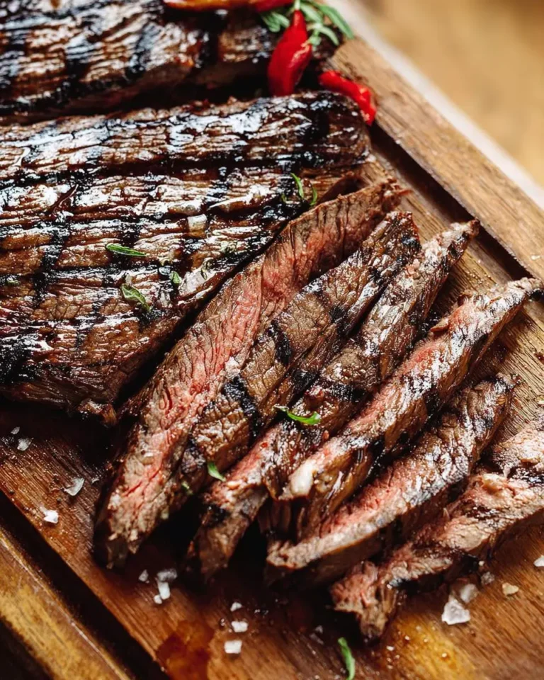 Close-up of perfectly cooked and sliced Grilled Skirt Steak with grill marks, coarse salt, herbs, and red chilies on a wooden board.