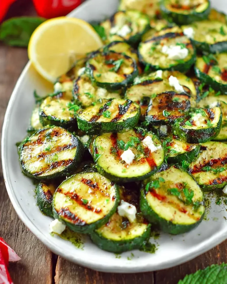 A white platter filled with grilled zucchini salad topped with fresh herbs, feta cheese, and a lemon wedge.