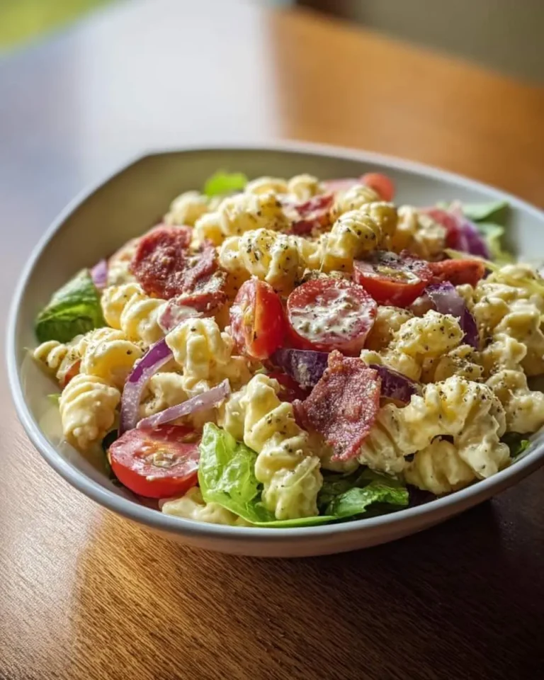 A bowl of creamy grinder pasta salad featuring cavatappi, halved cherry tomatoes, red onion, and pepperoni on a wooden table.