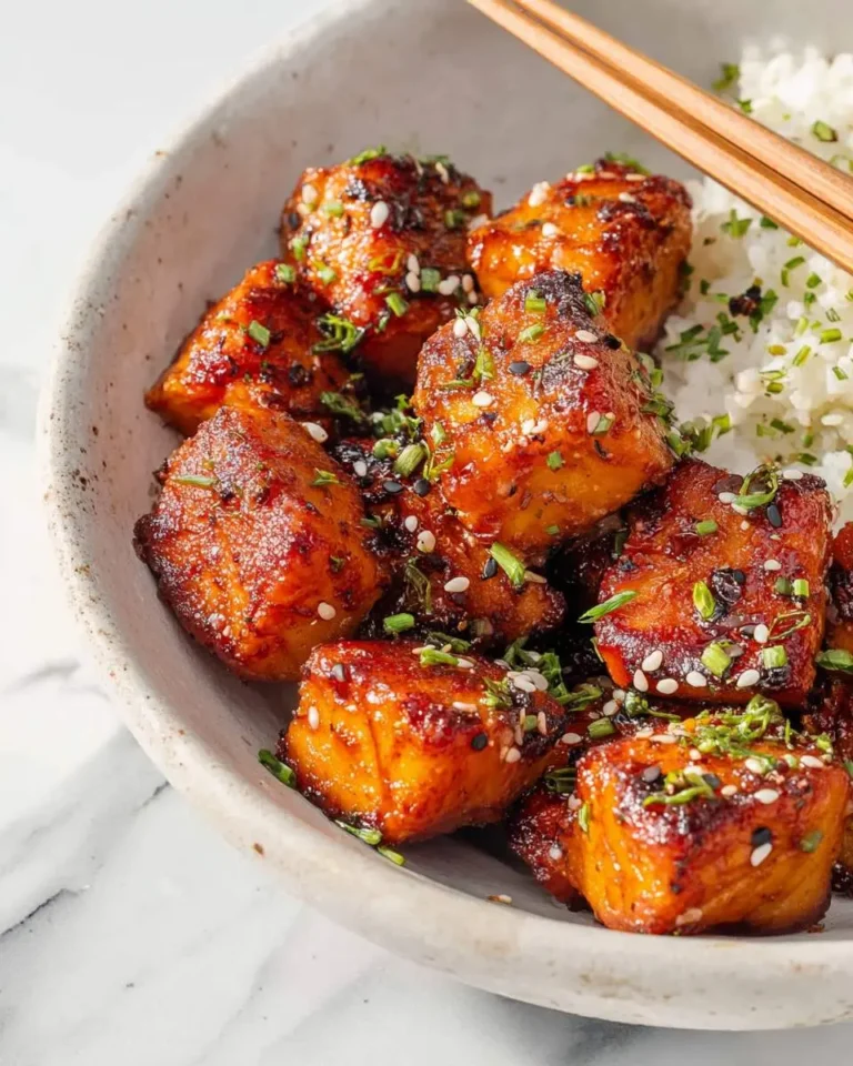 Glazed Honey Garlic Salmon Bites, topped with chives and sesame seeds, served in a bowl with white rice and chopsticks.