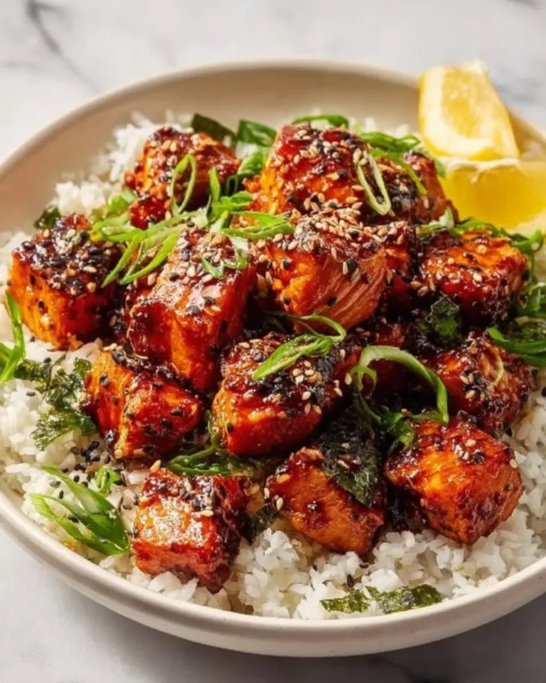 A close-up of a delicious Honey Garlic Salmon Bites Bowl with white rice, green onions, nori, and lemon wedges.