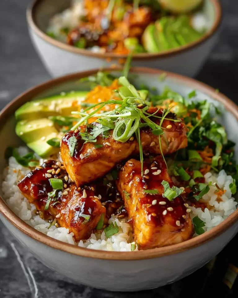 Close-up of delicious Honey Glazed Salmon Rice Bowls, featuring perfectly cooked salmon, fresh avocado, and vibrant garnishes over white rice.
