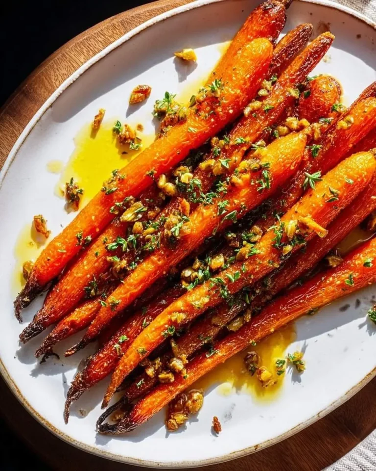 A close-up shot of perfectly cooked Honey Roasted Carrots, glistening with a golden glaze and garnished with fresh herbs and chopped nuts on a white plate.