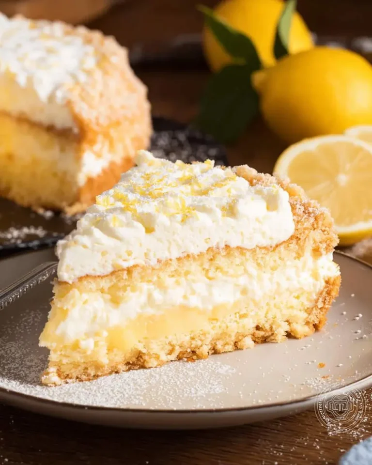 A slice of Italian Lemon Cream Cake on a plate, garnished with whipped cream and lemon zest, with the rest of the cake and fresh lemons in the background.