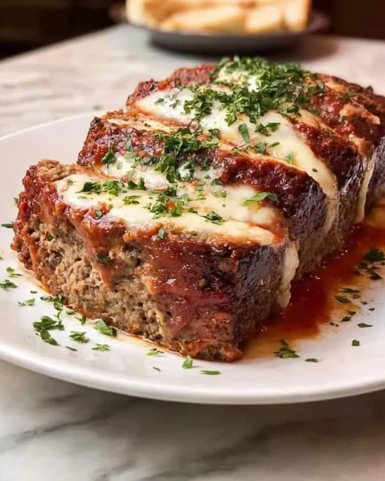 A delicious, sliced Italian Meatloaf with Mozzarella cheese, rich tomato sauce, and fresh parsley on a white plate.