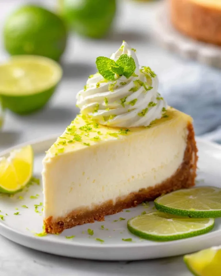 A perfect slice of Key Lime Cheesecake topped with whipped cream, lime zest, and a mint sprig, surrounded by fresh limes.