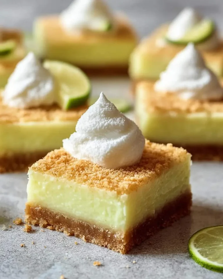 A close-up of a delicious square key lime pie bar topped with whipped cream and golden crumbles, with more key lime pie bars blurred in the background.