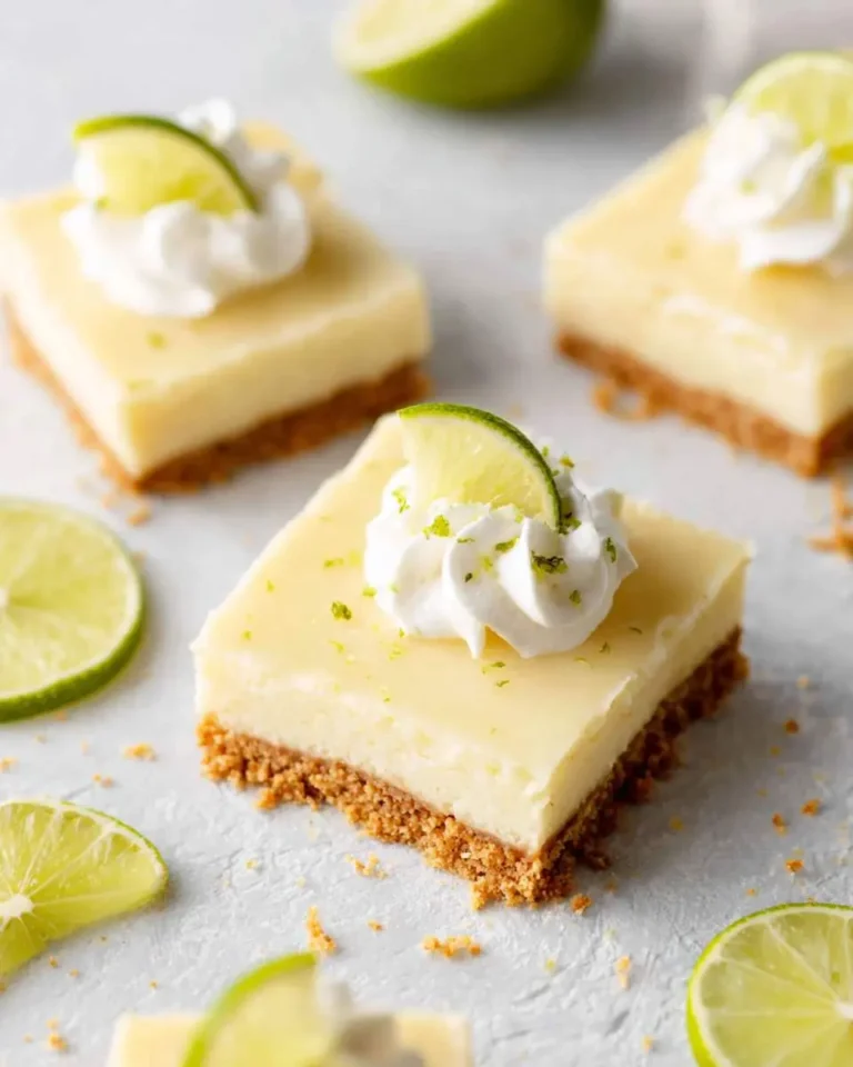 Delicious Key Lime Pie Bars with Graham Crust, topped with whipped cream, lime zest, and a lime slice on a light textured surface.