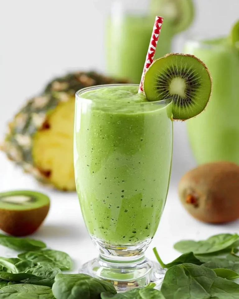 A vibrant green Kiwi Pineapple Spinach Smoothie in a clear glass, garnished with a kiwi slice and a red-striped straw, surrounded by fresh spinach, pineapple, and kiwi.