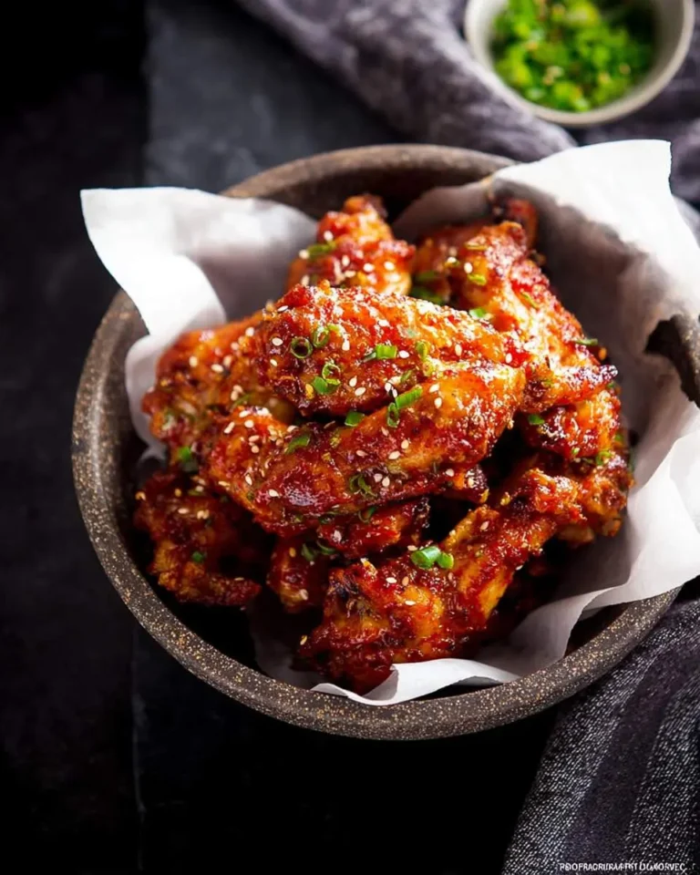 A close-up shot of a bowl filled with glistening Korean chicken wings, garnished with sesame seeds and green onions.