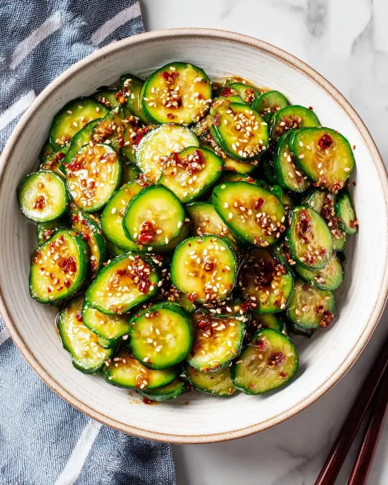 A close-up of a bowl filled with vibrant green sliced Korean Cucumber Salad, tossed in a spicy sauce with sesame seeds.