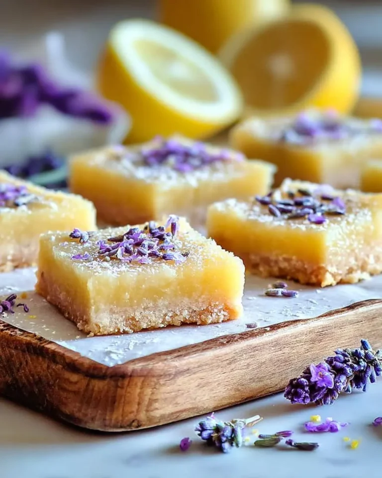 A close-up shot of several square Lavender Lemon Bars with bright yellow tops, crumbly crusts, and purple lavender garnish, on a wooden board.
