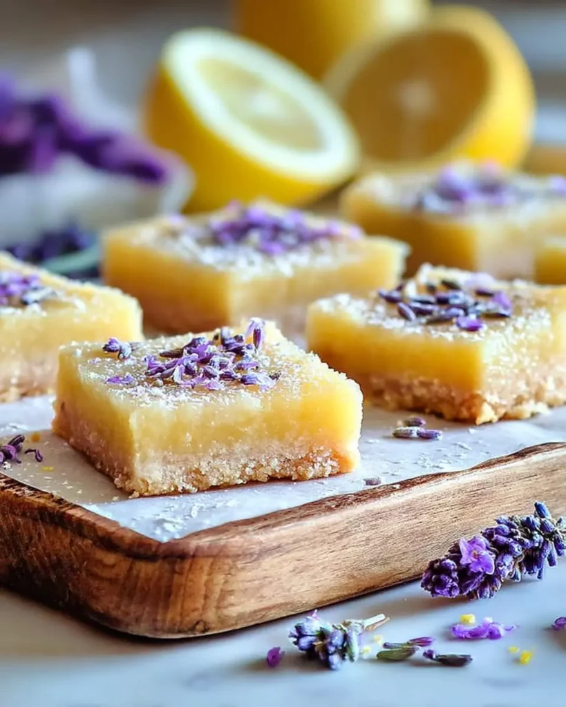 A close-up shot of several square Lavender Lemon Bars with bright yellow tops, crumbly crusts, and purple lavender garnish, on a wooden board.