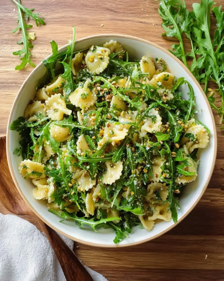 A vibrant bowl of Lemon Arugula Pasta Salad with farfalle pasta, fresh arugula, and crushed pistachios on a wooden table.