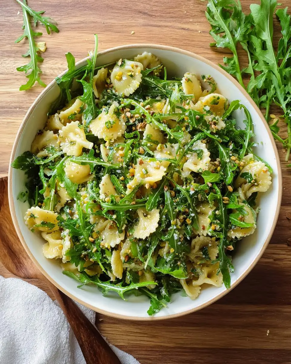 A vibrant bowl of Lemon Arugula Pasta Salad with farfalle pasta, fresh arugula, and crushed pistachios on a wooden table.