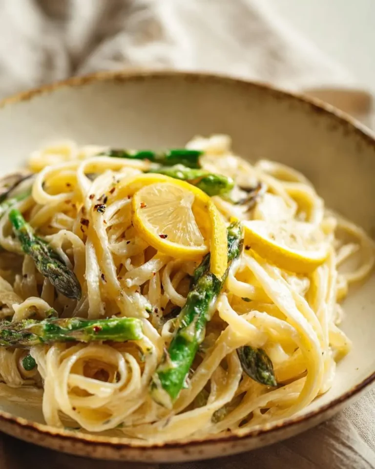 A close-up view of a rustic bowl filled with creamy lemon asparagus pasta, garnished with fresh lemon slices and red pepper flakes.