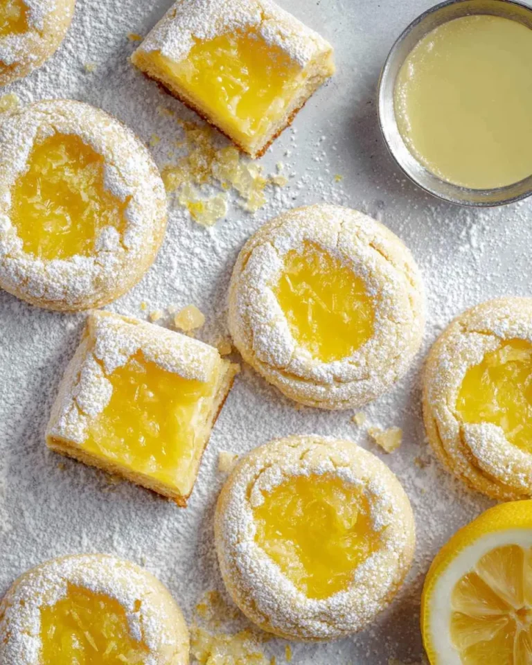 An overhead view of round lemon bar cookies with yellow filling and square lemon bars, all dusted with powdered sugar, on a white surface.