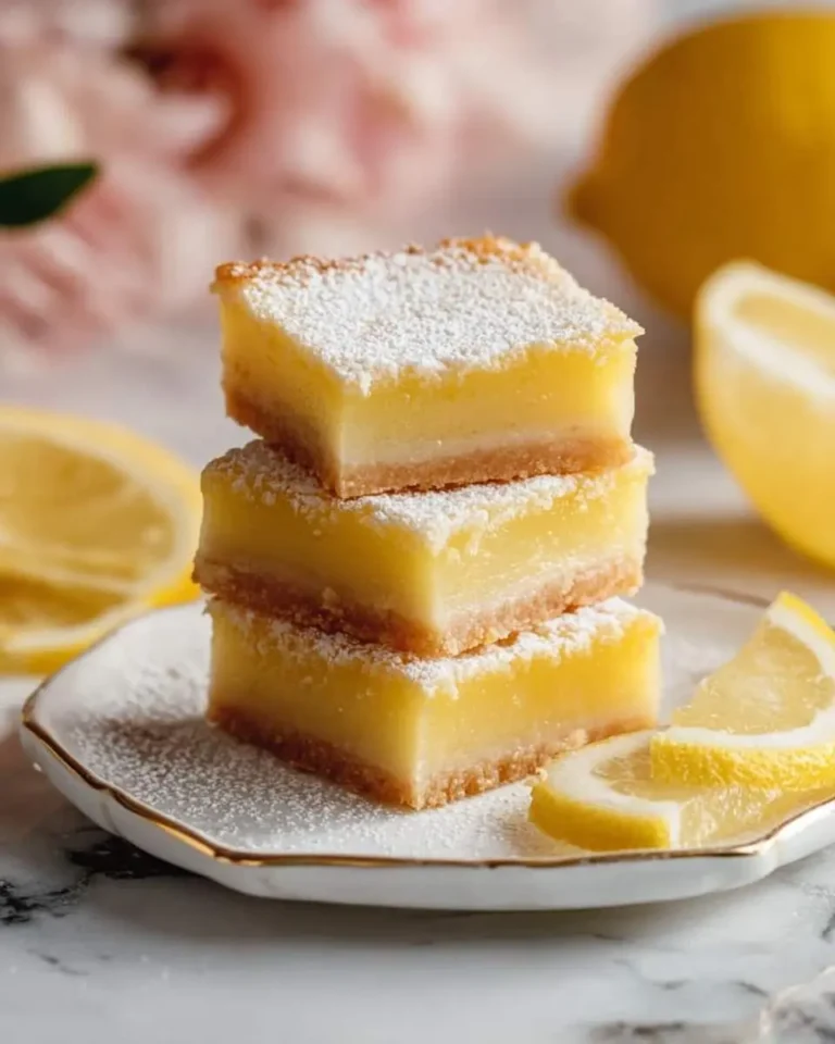 A stack of three golden lemon bars dusted with powdered sugar, served on a white plate with fresh lemons and pink flowers.