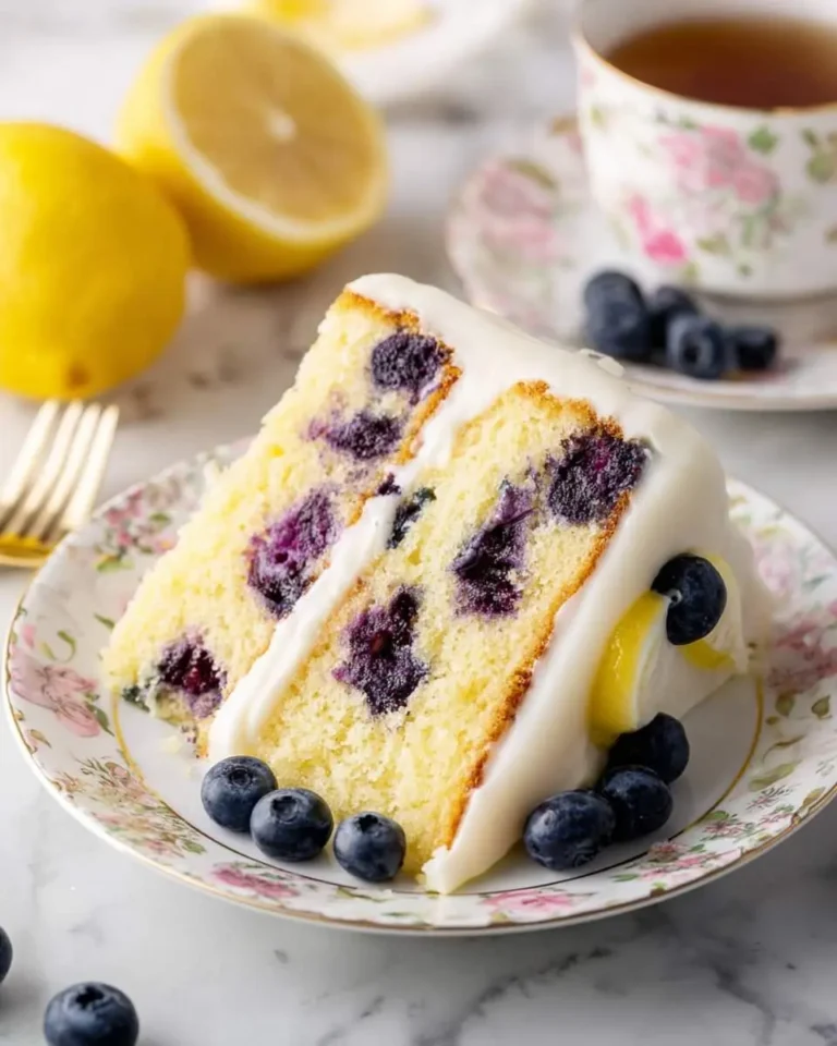 A delectable slice of lemon blueberry cake with white glaze and fresh blueberries on a floral plate, with lemons and a teacup in the background.