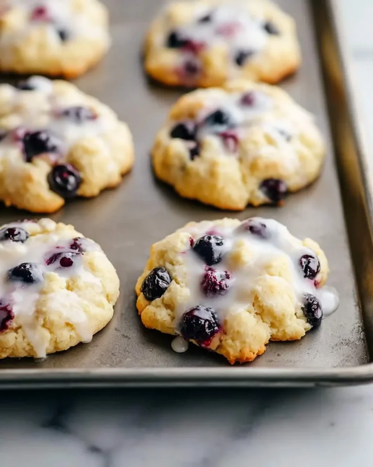 A close-up shot of freshly baked Lemon Blueberry Cookies with a sweet white glaze on a metal baking sheet.