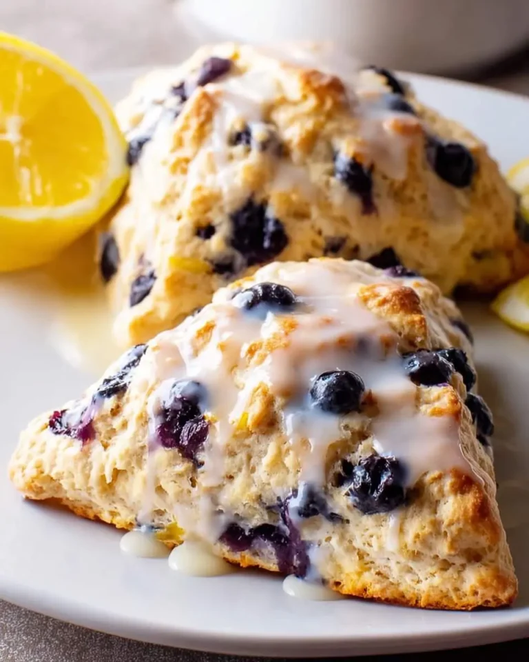 A close-up shows two glazed lemon blueberry scones on a white plate, with a fresh lemon wedge in the background.